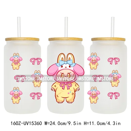 Coquette Bow Cartoon Monsters In Outfit UV DTF Cup Wraps Ready To Apply Waterproof Transfer Stickers For 16OZ Libbey Glass Can