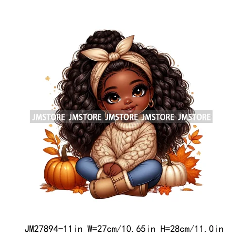 New Autumn Chibi Black Baby Girls Cartoon Afro Princess Pumpkin Fall Season DTF Iron On Heat Press Transfer Stickers For Hoodies