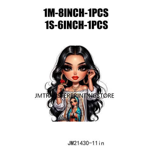 Chibi Cute Chicana Doll Guadalupe Lady Skull Latina Woman Cold Peel Decals Iron On DTF Transfers Stickers For Shirts Bags Pillow