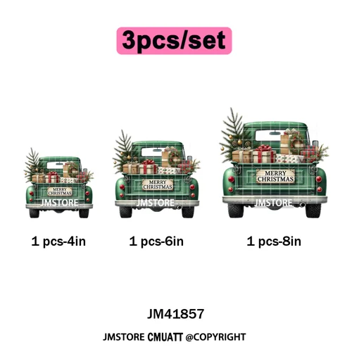 Christmas Pickup Truck Car Winter Tree Snowy Holiday Decoration Iron on DTF Heat Transfers Stickers Ready to Press for Clothing