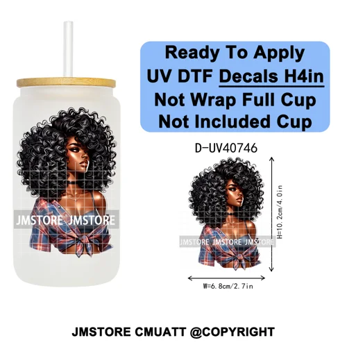 Big Hair Fashionable Black Girl UV DTF Decals Ready To Apply Waterproof Transfer Stickers DIY Crafts For 16OZ Libbey Glass Can