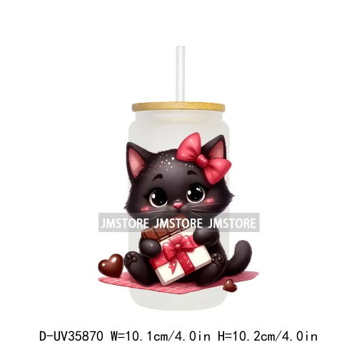 Valentine's Day Black Cat Couple UV DTF Transfer Stickers Decals Ready To Apply Waterproof For 16OZ Libbey Glass Can Cup Tumbler