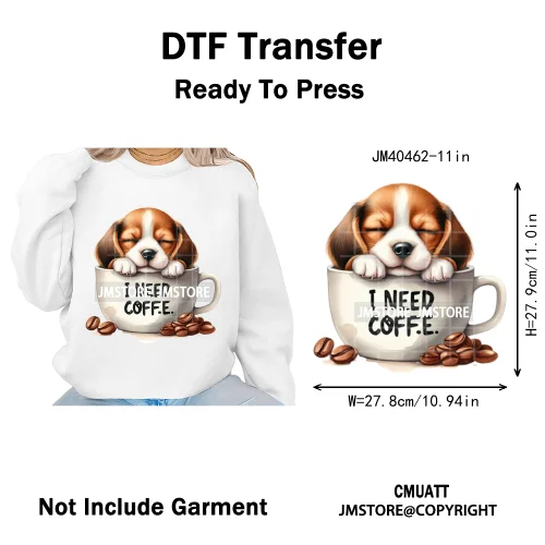 Funny Cartoon Pet Puppy Small Sleeping Cozy Coffee Dogs Lover Iron on DTF Washable Transfers Sticker Ready to Press for Clothing
