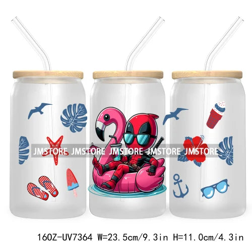 Hero Cartoon Summer Vacation 16OZ UV DTF Cup Wrap Transfers Stickers Custom Labels Durable Waterproof Logo For Libbey Glass Can