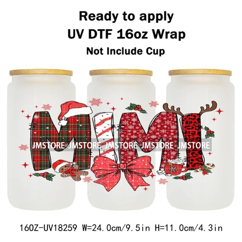 Christmas Mama Mini Coquette Family Xmas 16OZ UV DTF Cup Wraps Ready To Apply Waterproof Transfer Stickers For Libbey Glass Can