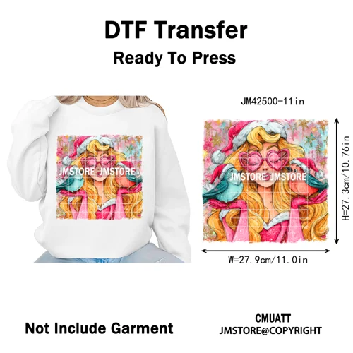 Glasses Cartoon Princess Animal Christmas Brushstroke Festive Vibes Iron on DTF Transfers Stickers Ready to Press for Hoodies