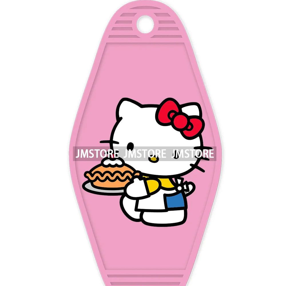 Cute Cartoon Pink Hello Cat With Bow Flower High Quality WaterProof UV DTF Sticker For Motel Hotel Keychain Labels DIY Logo