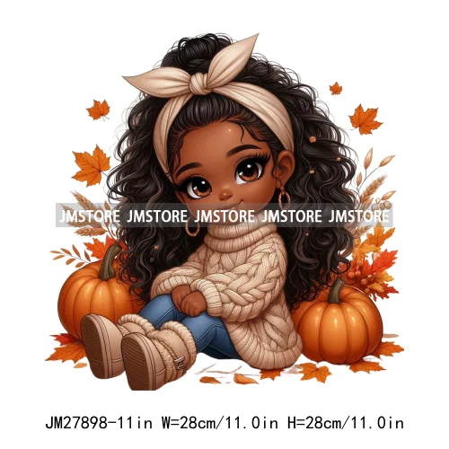 New Autumn Chibi Black Baby Girls Cartoon Afro Princess Pumpkin Fall Season DTF Iron On Heat Press Transfer Stickers For Hoodies