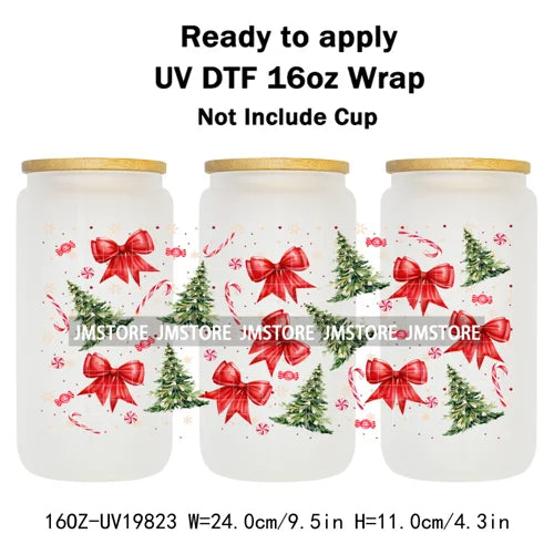 Coquette Christmas Tress Jingle Bells UV DTF Transfer Sticker Cup Tumbler Wrap DIY Labels For 16OZ Libbey Glass Bottle Mug Wraps