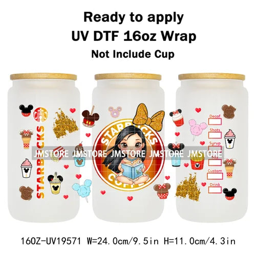 Faux Glitter Coffee Cartoon Princess Girly 16OZ UV DTF Cup Wraps Ready To Apply Waterproof Transfer Sticker For Libbey Glass Can