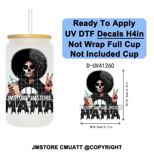 Black Girl Horror Characters Halloween Coffee UV DTF Transfer Sticker Decals Ready To Apply Waterproof For 16OZ Libbey Glass Can