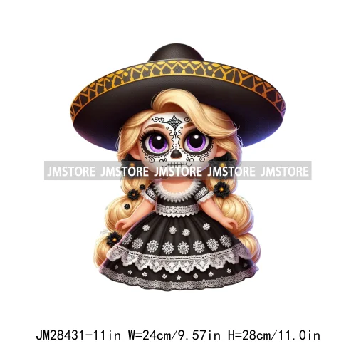 Colorful Day Of The Dead Catrina Princess Baby Girl Sombrero Hat Mexico Conchas Iron On DTF Heat Transfers Stickers For Clothing