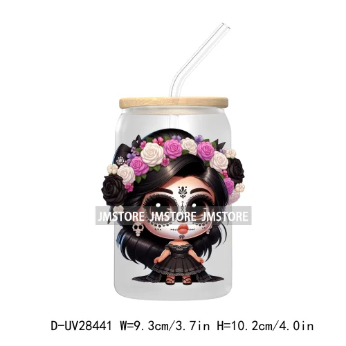 Cute Latina Cartoon Princess Baby Girl UV DTF Transfer Stickers Decals For Libbey Cold Cups Mug Tumbler Labels Sugar Skull Woman