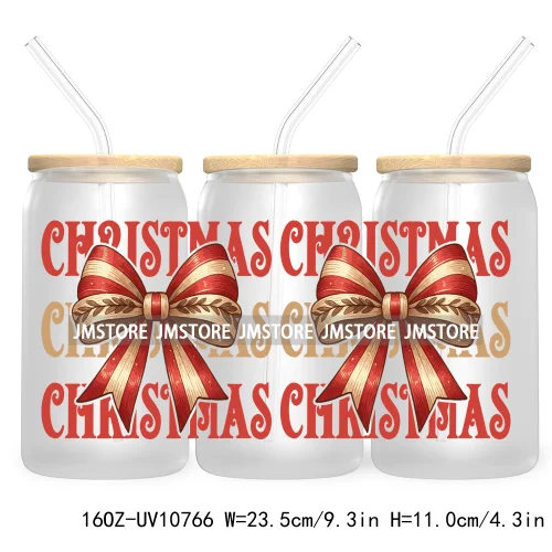 Christmas Highland Cow Coquette Bow 16OZ UV DTF Cup Wrap Waterproof Transfer Stickers For Libbey Glass Can Christmas Gingerbread