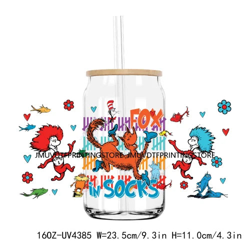 Cartoon Dr Seuss Love Reading Books UV DTF Sticker For 16OZ Libbey Glass Cup Can Wrap Transfer Sticker Custom Labels DIY Logo