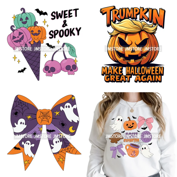 Sweet Spooky Ghost Boo Coquette Pumpkins Halloween Skeleton Iron on DTF Washable Transfers Stickers Ready to Press for T-shirts