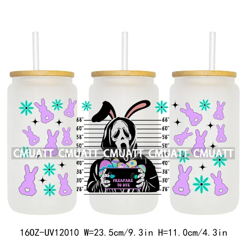 Cartoon Easter Vibes Animal Eggs Bunny Hunting Horror Killer 16OZ UV DTF Cup Wrap Sticker Label DIY Logo For Libbey Glass Can