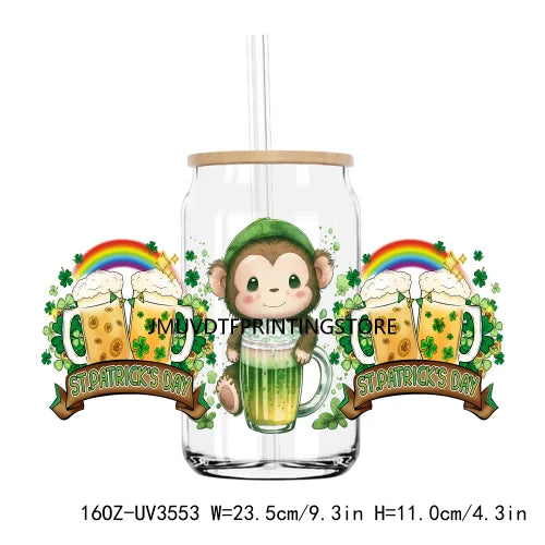 Green St. Patrick's Day UV DTF Sticker For 16OZ Libbey Glass Cup Can Lucky Shamrock Wrap Transfer Sticker Custom Labels DIY Logo