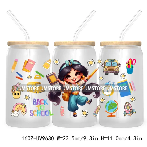 Back To School Cartoon Princess 16OZ UV Cup Wrap DTF Transfer Sticker For Libbey Glass Can Cups Tumbler Waterproof Label Teacher