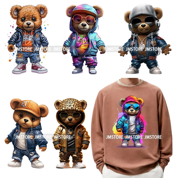 Colorful Urban Streetwear Graffiti Hip Hop Bear Design Decals DTF Iron On Transfers Stickers Ready To Press For Hoodies T-shirts