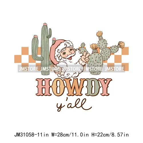 Funny Retro Western Merry Bright Country Christmas Cowgirl Howdy Tree Iron On DTF Transfers Stickers Ready To Press For Hoodies