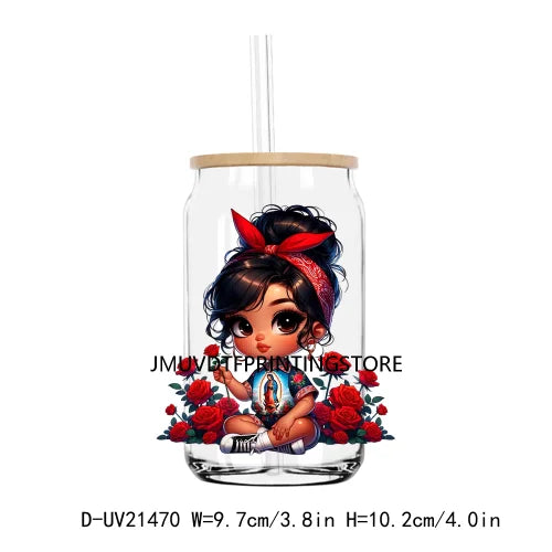 Chibi Cute Chicana Doll With Rose UV DTF Transfers Stickers Decals For Libbey Cold Cups Mugs Tumbler Mexico Waterproof DIY Logo