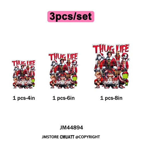 Winter Christmas Cartoon Holiday Characters Thug Life Green Iron on Washable DTF Transfers Stickers Ready to Press for Textiles