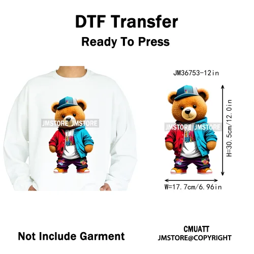 12in Cool Retro Urban Streetwear Graffiti Hip Hop Teddy Bear Iron On DTF Washable Transfers Stickers Ready to Press For Clothing