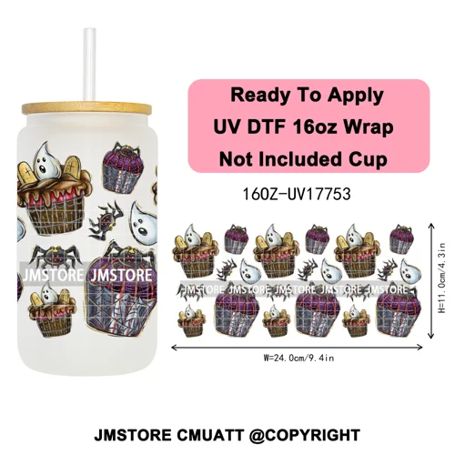 Halloween Cupcake Cartoon Character Ghost 16OZ UV DTF Cup Wraps Ready To Apply Waterproof Transfer Stickers For Libbey Glass Can