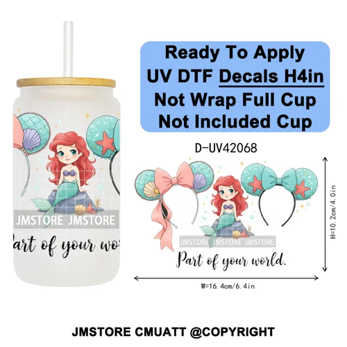 Cartoon Mouse Head Princess Family Vacation UV DTF Decals Ready To Apply Waterproof Transfer Stickers For 16OZ Libbey Glass Can