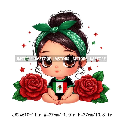 Cute Chibi Mexican Girl Designs Hispanic Red Rose Green Coquette Bow Latina Princess Iron On DTF Transfers Stickers For T-shirts