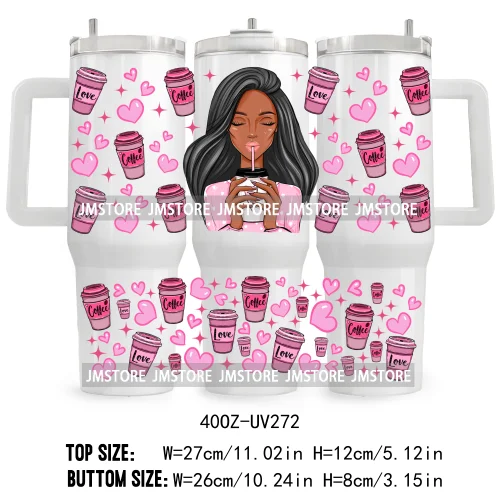 40OZ Tumbler Wrap Girl With Coffee UV DTF Cup Wraps Transfer Stickers Custom Labels Durable Waterproof Logo Pink Drinks Lady