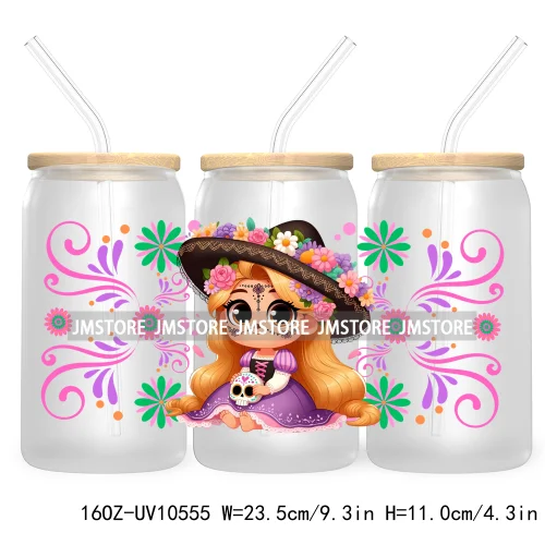 Dia De Los Muertos Mexican UV DTF Sticker For 16OZ Libbey Glass Cup Can Wrap Transfer Stickers Hispanic Halloween Sugar Skulls