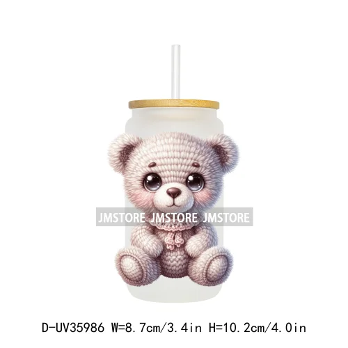 Watercolor Knitted Cute Animals UV DTF Transfer Stickers Decals Ready To Apply Waterproof For 16OZ Libbey Glass Can Cups Tumbler