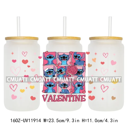 Cartoon Pink Sweet Happy Valentine‘s Day Kids Love Characters UV DTF Stickers Cup Wraps Logos For 16OZ Libbey Glass Can