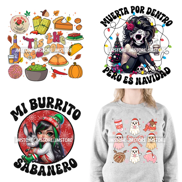 Pan Dulce Concha Ghost Christmas Feliz Latina Girl Muerta Por Dentro Pero Es Navidad Iron On DTF Transfers Stickers For Clothes