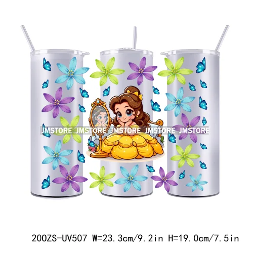 Flowers Cartoon Princess Girl 20OZ Straight Skinny Tumbler Wrap UV DTF Cup Wraps Custom Labels Transfer Sticker Waterproof Logo