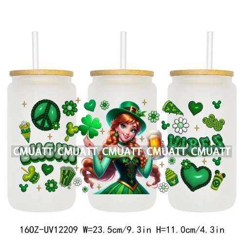 Cartoon Princess Girls St Patricks' Day Lucky Vibes 16OZ UV DTF Cup Transfer Wrap Sticker Waterproof Logos For Libbey Glass Can