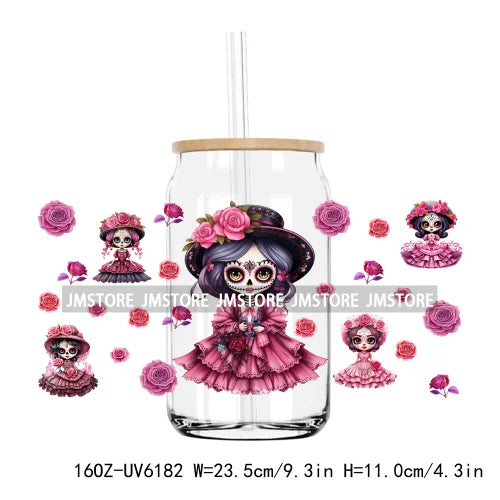 Day Of The Dead Mexican Chingona Lady Skull UV DTF Sticker For 16OZ Libbey Glass Cup Can Wrap Transfer Stickers DIY Custom Label