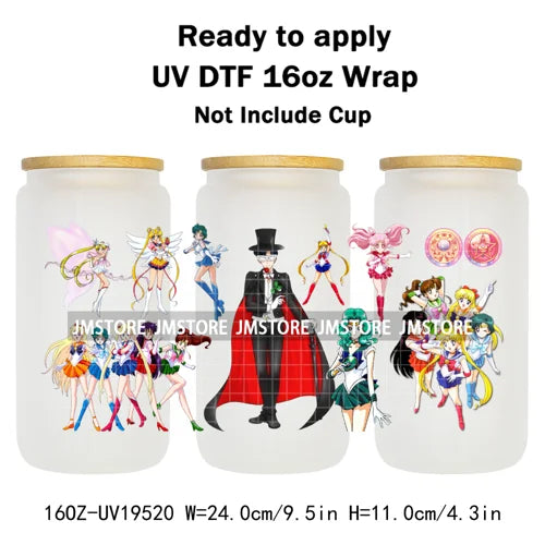 Sailor Girls Inspired Anime Fan Cartoon Characters UV DTF Transfer Sticker Cup Tumbler Wrap For 16OZ Libbey Glass Wraps Bottle