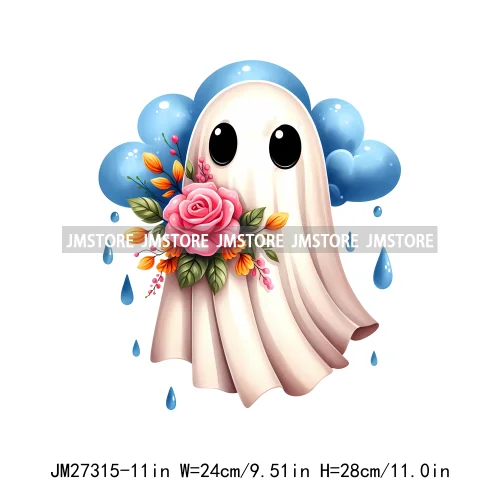 Cute Flower Ghost Bat Hey Boo Double Trouble Spooky Halloween Designs DTF Iron On Transfer Stickers Ready To Press For Clothing