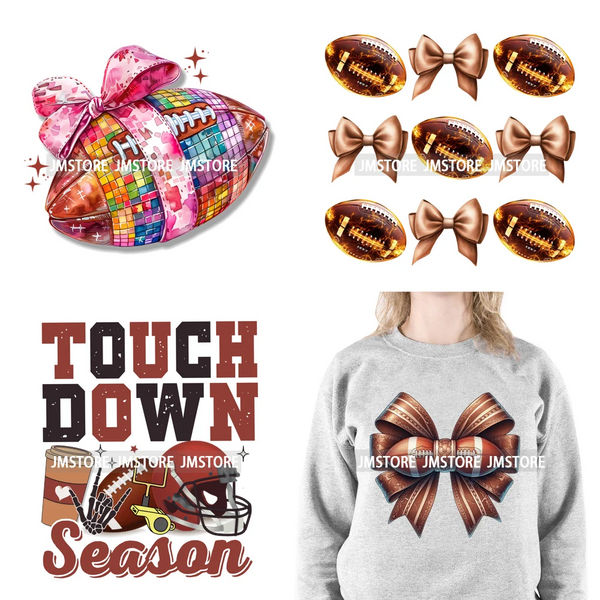 Coquette Bow Fall Football Mom Season Sports Team Thermal Printing Iron On DTF Transfer Stickers Ready To Press For T-shirts Bag