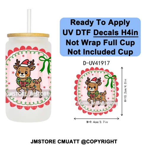 Preppy Christmas Stamps Xmas Card UV DTF Transfer Stickers Decals Ready To Apply Waterproof For 16OZ Libbey Glass Can Tumbler