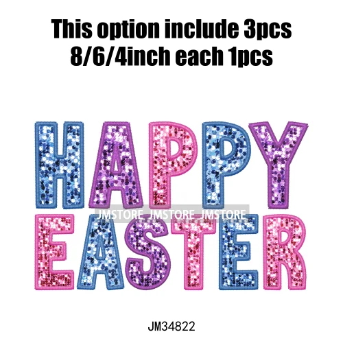 Colorful Faux Sequin Glitter Happy Easter Bunny University Letters Iron On DTF Transfers Stickers Ready To Press For Hoodies