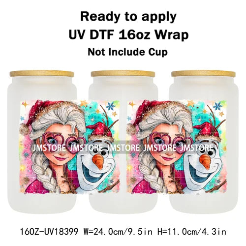 Brushstroke Christmas Glitter Princess UV DTF Cup Wrap Ready To Apply Transfer Stickers 16OZ Tumbler Wraps For Libbey Glass Can