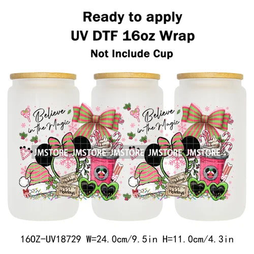 Coquette Bow Cartoon Christmas Green Guy UV DTF Cup Wrap Ready To Apply Transfer Stickers Waterproof For 16OZ Libbey Glass Can