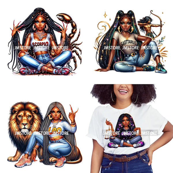 Hip Hop Afro Girl Zodiac Horoscope Signs Astrology Mystical Black Women Iron On DTF Heat Press Transfer Stickers For Clothing