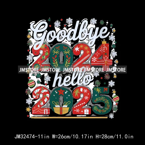 New Goodbye 2024 Hello New Year 2025 Merry Christmas 2024 Xmas Iron On DTF Transfers Stickers Ready To Press For Hoodies Bags