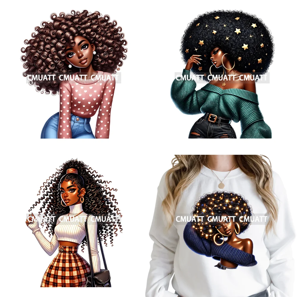 Sassy Curly Afro Women Fashion Hairstyle Urban Melanin Girls Iron on DTF Washable Transfers Stickers Ready to Press for Textile