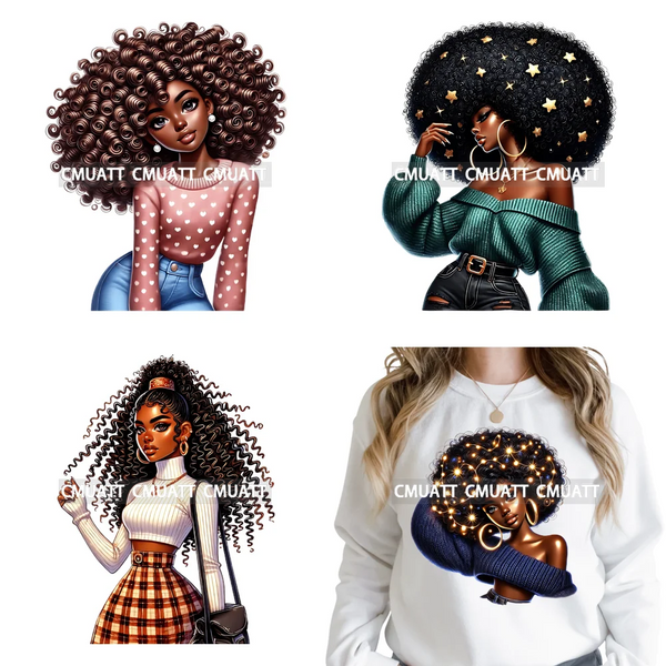 Sassy Curly Afro Women Fashion Hairstyle Urban Melanin Girls Iron on DTF Washable Transfers Stickers Ready to Press for Textile